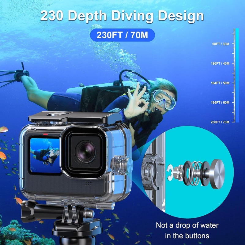 GOLRTRAL حافظة مقاومة للماء لكاميرا GoPro Hero 13 12 11 10 9 بلاك، 230 قدم/70 متر تحت الماء، غلاف واقي للغوص، ملحقات كاميرا أكشن - Image 2